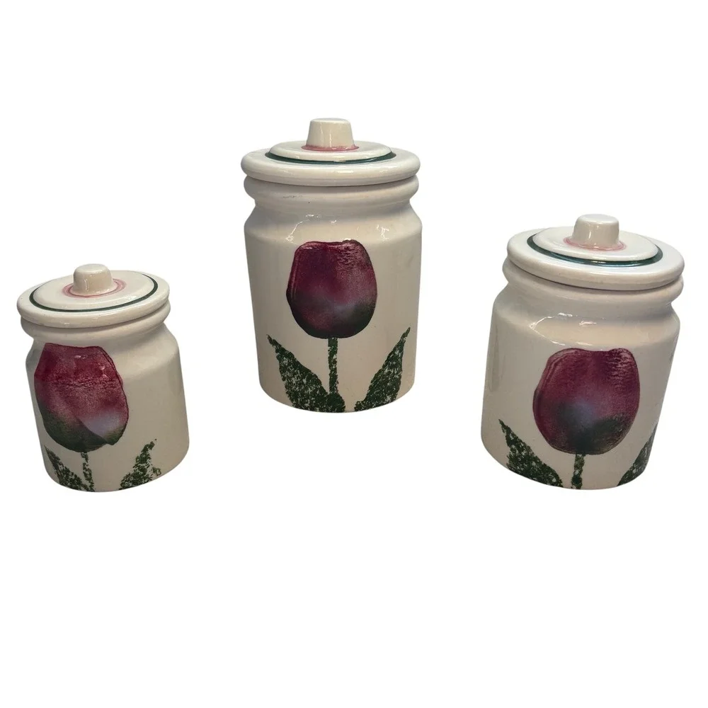 Hartstone USA VINTAGE Pottery Tulip Canister Set 3 Piece Vintage Stoneware  EUC‎